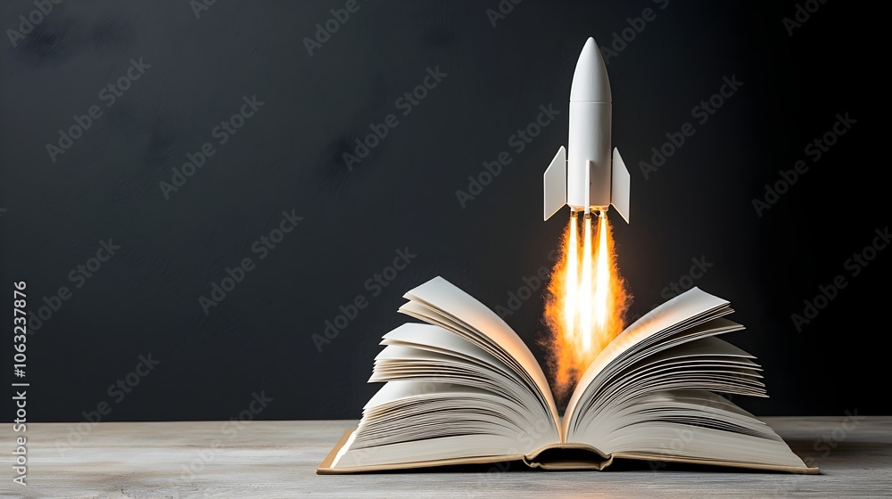 Leinwandbilder Rocket Launching from an Open Book Symbolizing the Power of Innovative Ideas and the Transformative Potential of Knowledge and Creativity