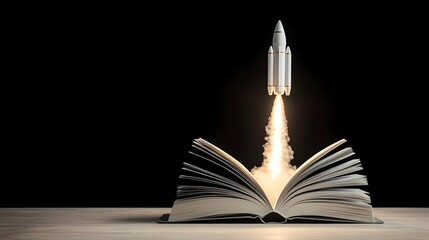 A rocket blasting off from the pages of an open book representing the transformative power of ideas innovation and human potential to propel us forward into the future