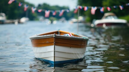 Obraz premium A wooden boat gently floats on calm waters, adorned with colorful bunting, while surrounded by lush greenery and other boats in the background.