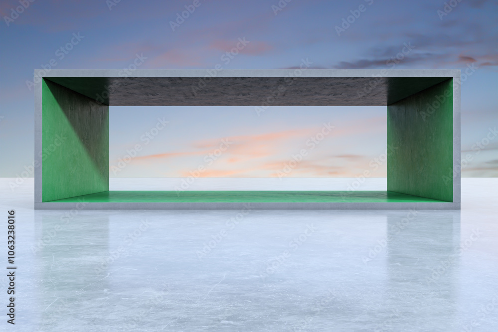 Poster spacious green concrete exhibition space with empty mock up place and sunset sky background. creativ