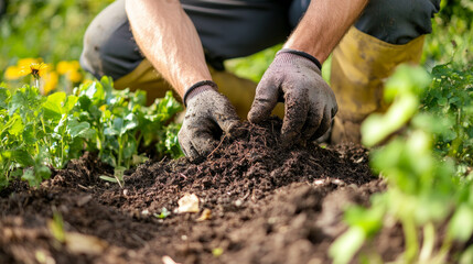 Gardener using natural compost to enrich soil in a vibrant vegetable garden during a sunny afternoon