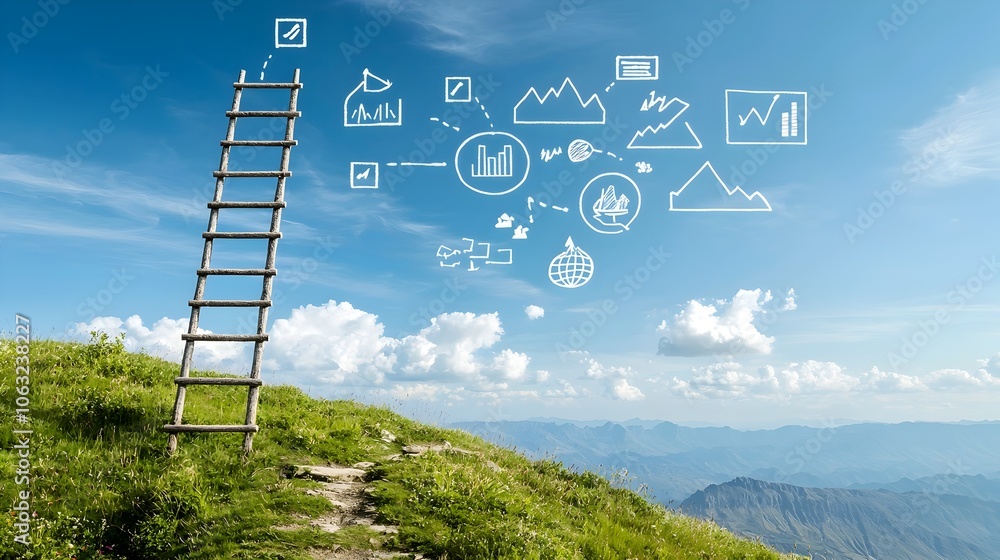 Aufkleber ladder reaching skyward with symbols of advancement and new solutions representing the pursuit of pr