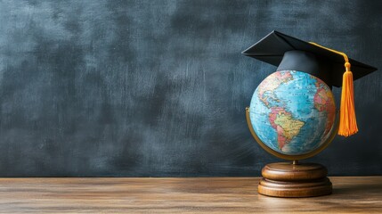 Globe with graduation hat and school accessory on wooden table in front of empty chalkboard with copy space.