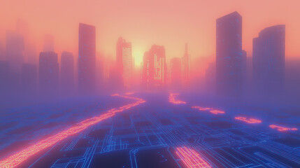 Fototapeta premium Futuristic Virtual Circuit Landscape at Dusk