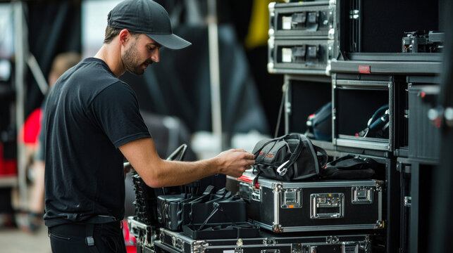 Assistant organizing audio-visual equipment in a busy production area during a live event preparation