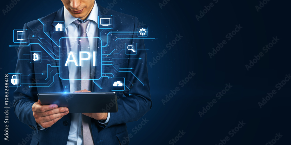Fototapete Headless young businessman using tablet with glowing api data hologram on blue background with mock up place. Big data, Application programming interface concept.