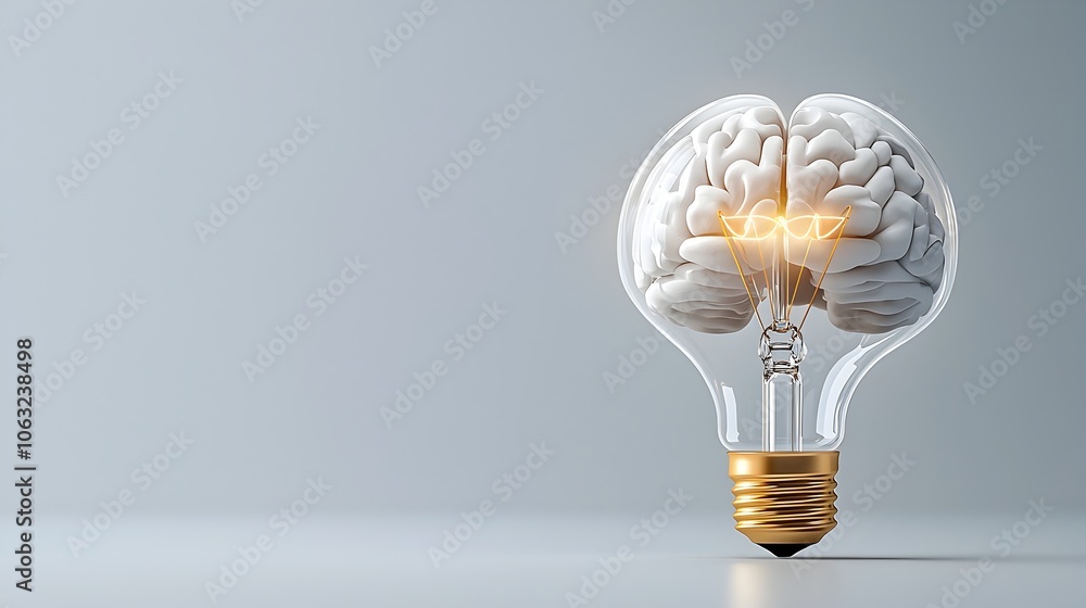 Poster digital of a glowing light bulb emerging from the center of a pensive contemplative brain symbolizin