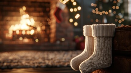 A cozy scene featuring knitted socks beside a warm fireplace, adorned with festive decorations and glowing lights, embodying the spirit of the holidays.
