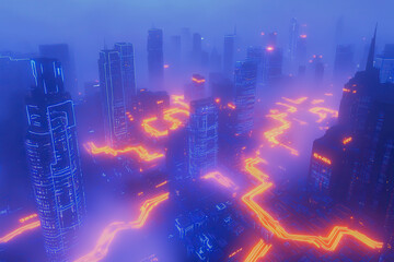Fototapeta premium Explore a stunning futuristic cityscape, glowing with vibrant neon colors and intricate circuit board patterns, creating an atmospheric virtual landscape.