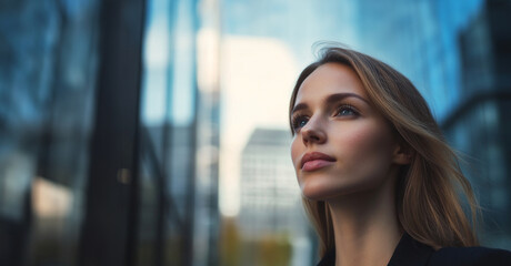 A thoughtful woman gazes at skyscrapers in a bustling urban setting during twilight, reflecting on her aspirations