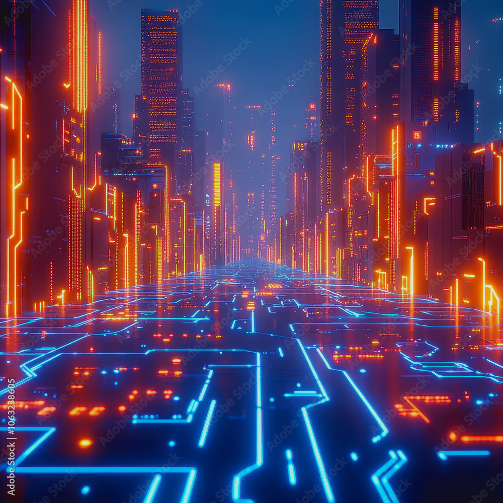 Poster a stunning futuristic landscape featuring glowing circuit patterns and neon lights, creating an imme