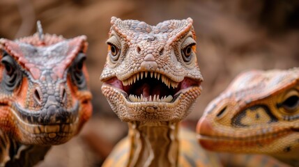 Fototapeta premium Three colorful dinosaur-like reptiles with expressive faces, displaying intricate textures and vibrant hues in a natural setting.
