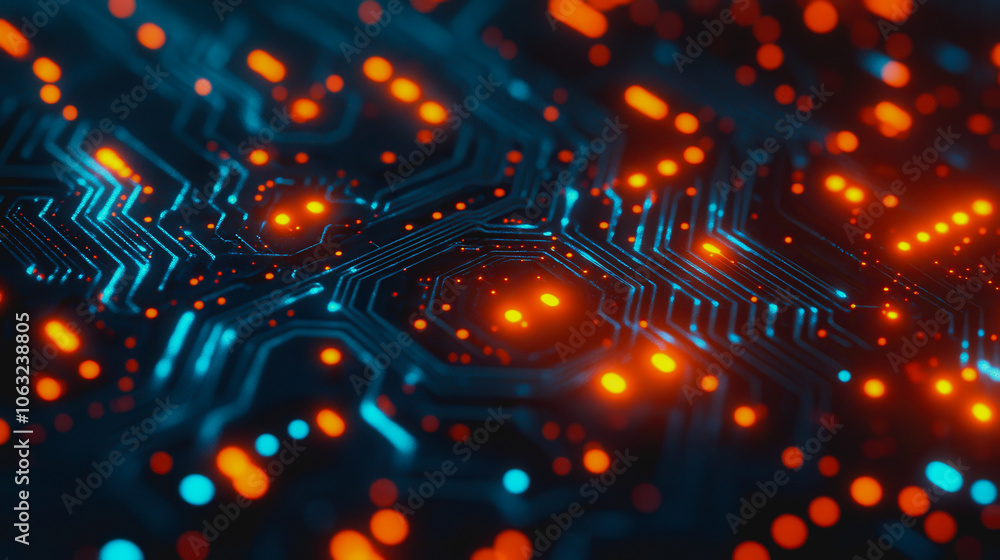 Poster explore a futuristic circuit board landscape filled with glowing elements. this digital abstract des