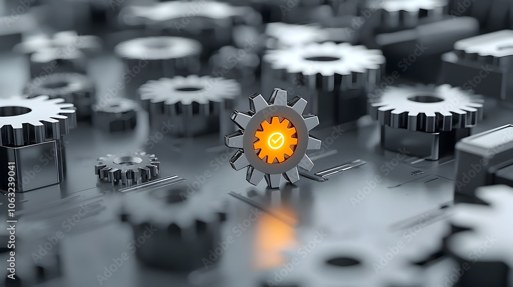 Fototapete cluster of interconnected metallic gears with one glowing gear highlighting a key creative solution 
