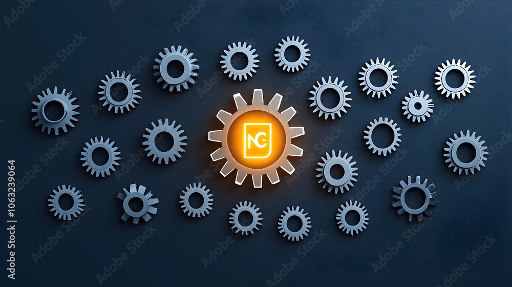 Fototapete cluster of metallic gears with one glowing gear in the center symbolizing a key creative solution or