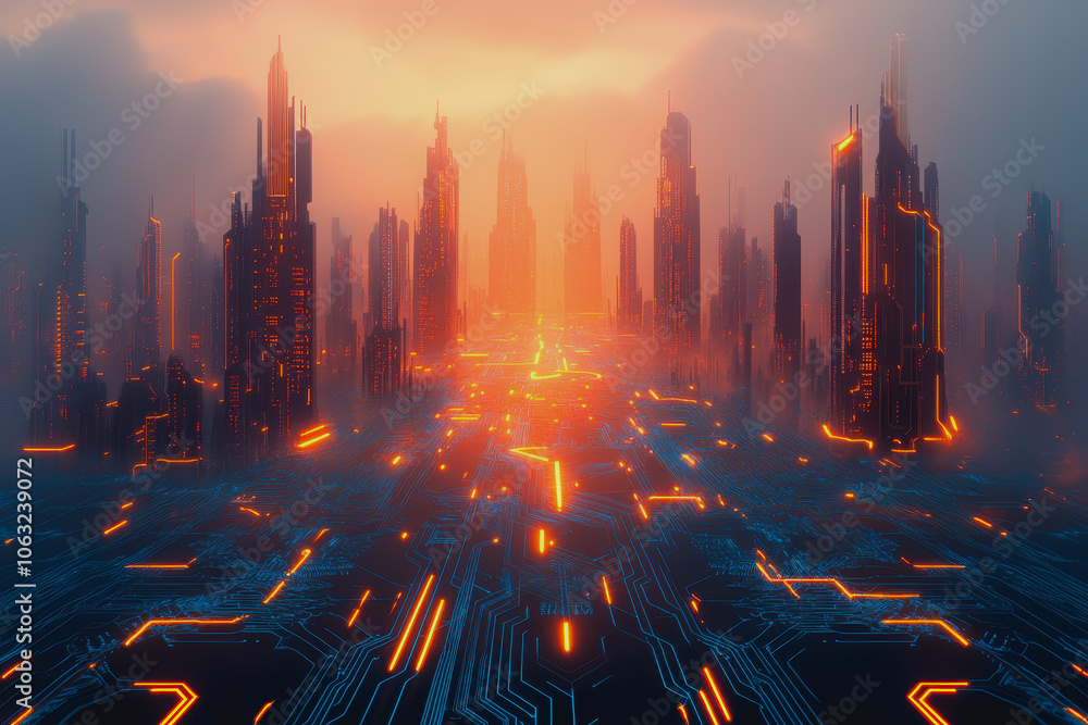Poster experience a captivating futuristic landscape featuring glowing circuit patterns and towering skyscr