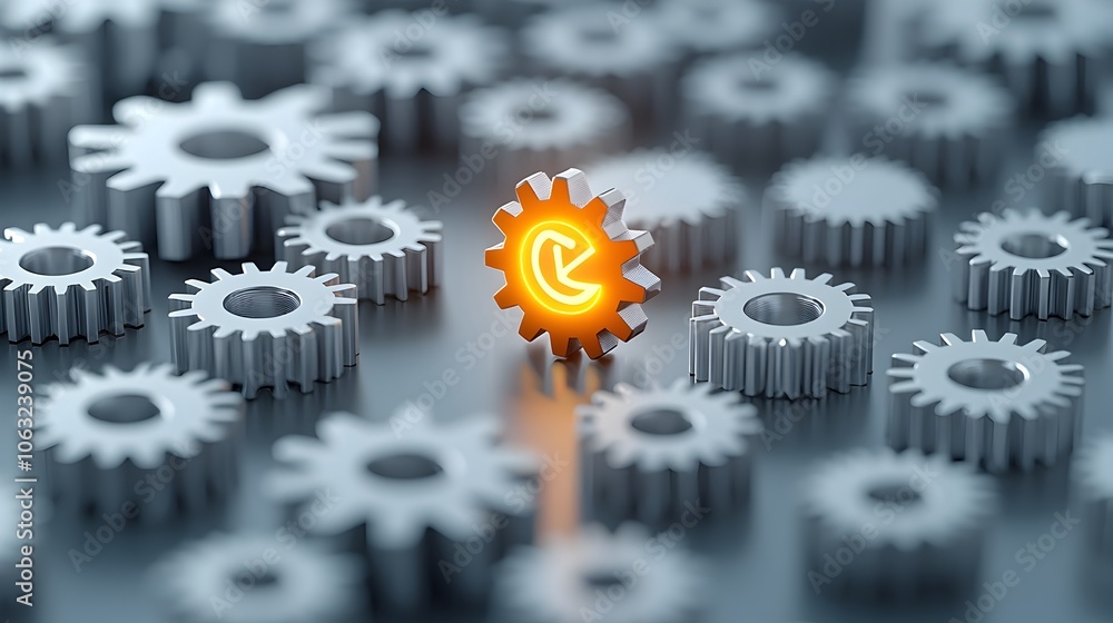 Aufkleber Cluster of metallic gears with one illuminated gear standing out as a key creative solution or innovative idea representing problem solving teamwork and strategic thinking