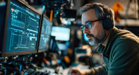 Engineer monitors audio levels in a control room during a live production at a broadcasting studio in the evening