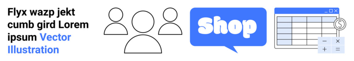 Elements include user group icons, a shopping cart symbol within a speech bubble, and a data table with a dollar symbol. Ideal for e-commerce, online stores, shopping platforms, user management, data