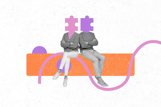 Creative collage picture young headless man woman couple dating match puzzle game incomplete relationship communication drawing background