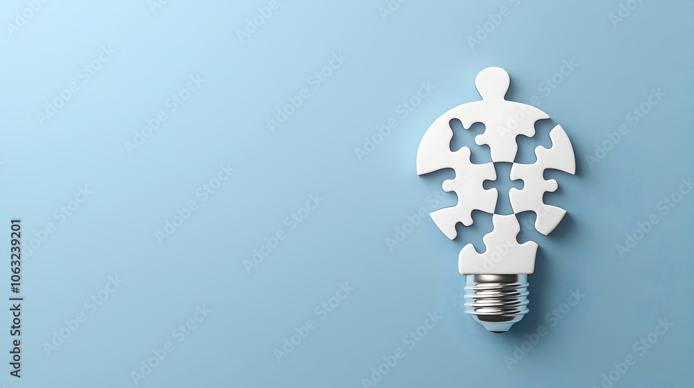 Poster Puzzle Piece Light Bulb Symbolizing Unique Creative Solutions and Innovative Ideas for Problem Solving and Breakthrough Thinking