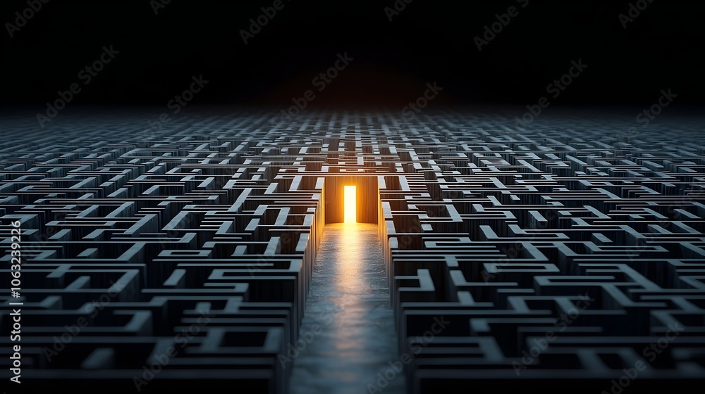 Poster Glowing Exit Symbolizing Solutions and Clarity Amidst Complex Maze or Labyrinth Representing Problem Solving Breakthrough and Successful Outcomes