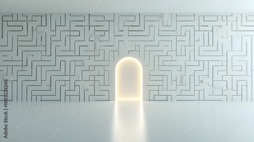 Aufkleber Glowing Exit in Abstract Geometric Maze Representing Clear Solutions Emerging from Complex Challenges and Problems  Digital Artwork with Symbolic Shapes Lines and Curves Depicting Innovation