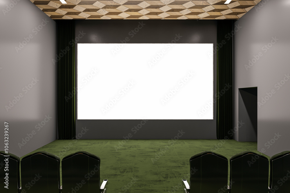 Poster Modern green carpet cinema hall with empty white mock up place on screen. 3D Rendering.
