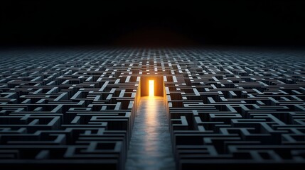 Fototapeta premium Glowing Exit Symbolizing Solutions and Clarity Amidst Complex Maze or Labyrinth Representing Problem Solving Breakthrough and Successful Outcomes