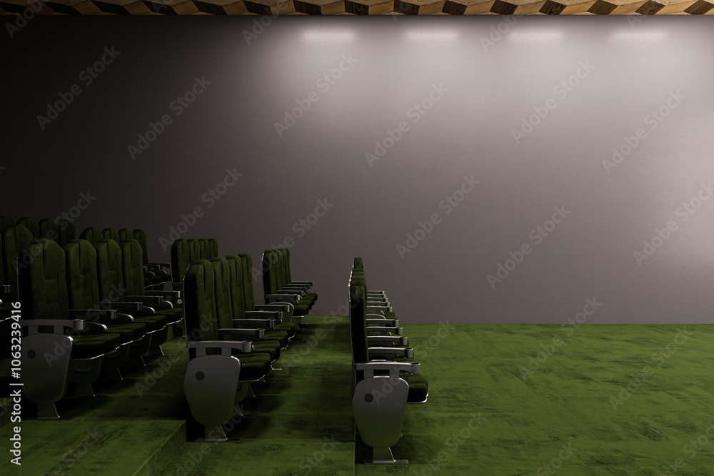Poster modern green carpet cinema hall with mock up place on wall. 3d rendering.