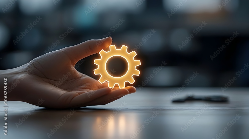 Poster Hand Holding a Glowing Gear Representing the Crafting of Creative Solutions for Innovation and Problem Solving in Business and Technology