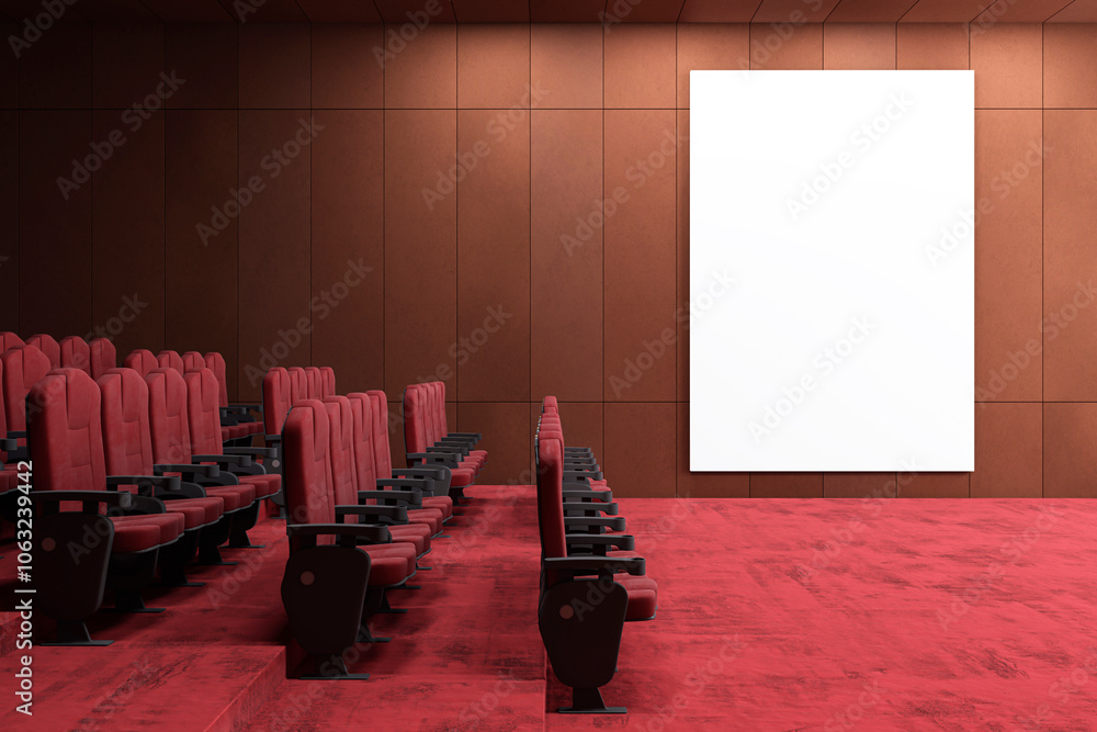Poster modern red carpet wooden cinema hall with empty white mock up banner on wall. 3d rendering.