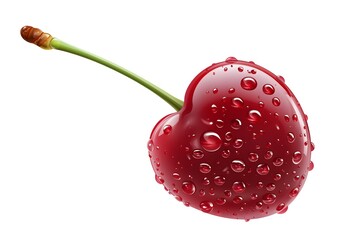 a realistic cherry with stem and dewdrops, vibrant red, shiny texture, photorealistic, isolated on white background