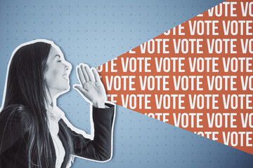 Creative voting banner with seamless text and happy businesswoman. Vote and poll concept.