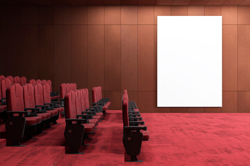 Modern red carpet wooden cinema hall with empty white mock up banner on wall. 3D Rendering.