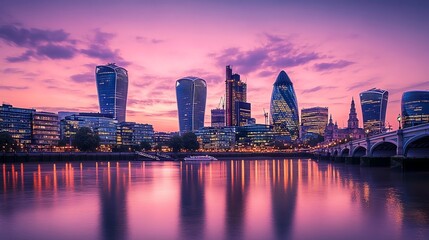 Fototapeta premium A view of London's skyline at dusk, with the Shard in the center.