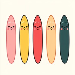 A colorful illustration of smiling surfboards arranged in a row.