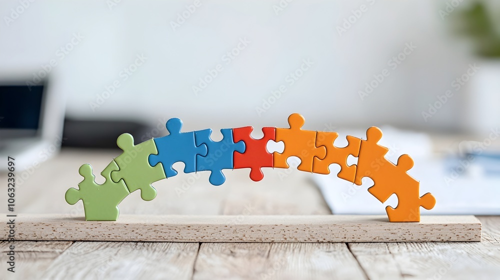 Aufkleber A conceptual image of a bridge made of puzzle pieces symbolizing the connection between ideas and solutions for innovation progress and growth