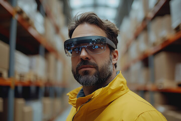 Fototapeta premium A man stands confidently in a modern warehouse, wearing futuristic augmented reality glasses. This image captures the blend of technology and industry in a contemporary setting.