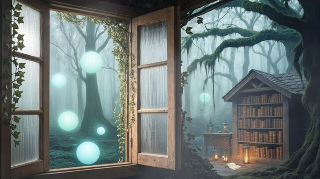 A magical window looking out to a forest with glowing orbs and a bookshelf.