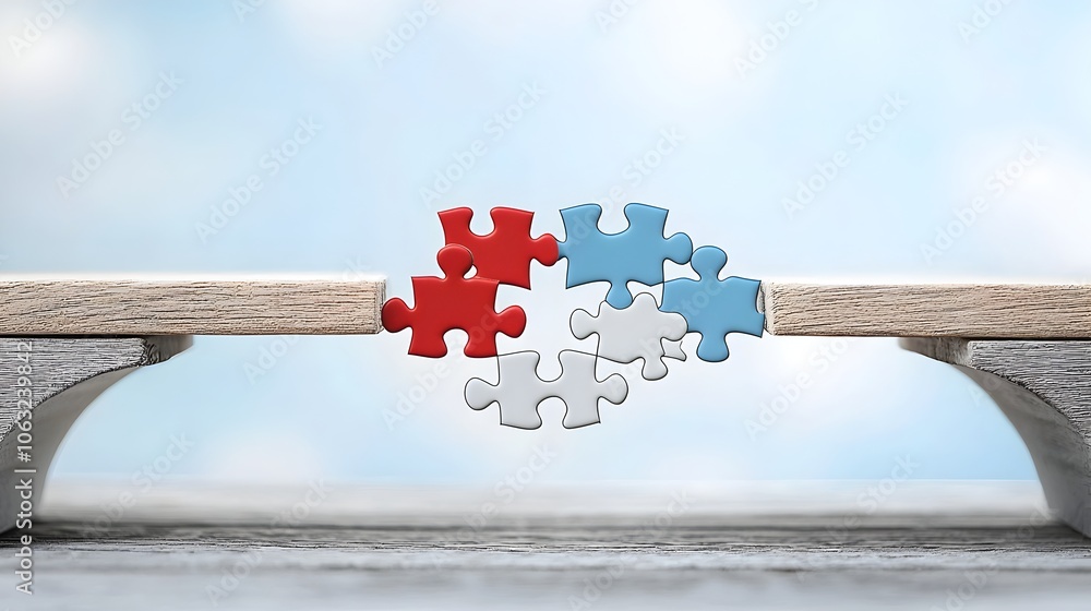 Aufkleber innovative bridge made of interconnected puzzle pieces symbolizing the process of combining ideas to