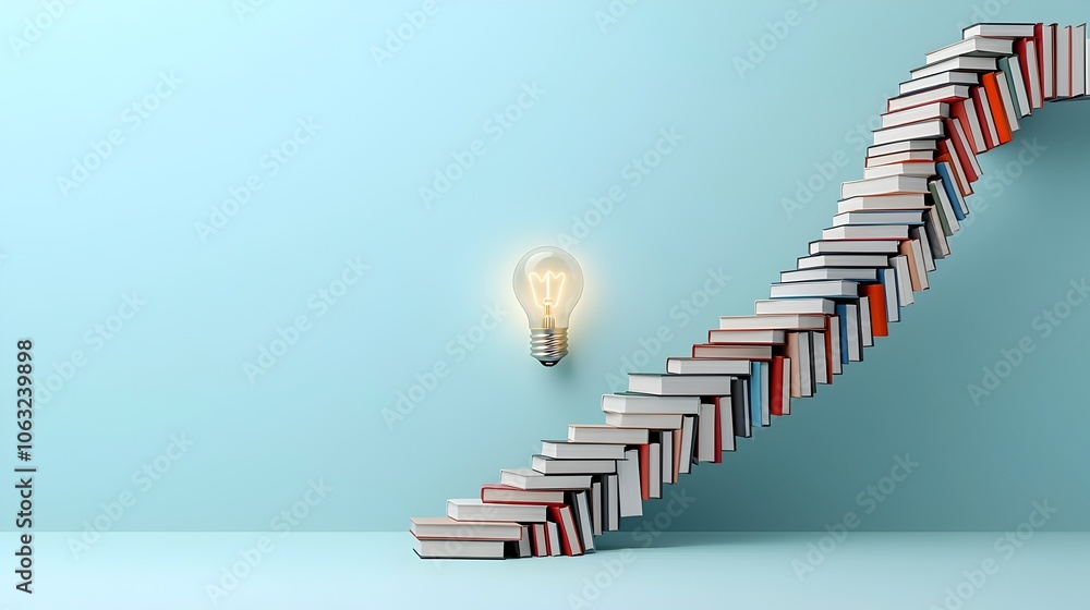 Poster spiral staircase made of books leading up to a glowing light bulb representing the journey of knowle