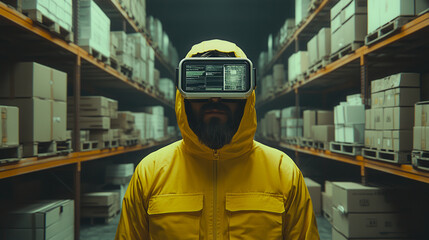 A man in a yellow jacket and VR headset stands in a modern warehouse, surrounded by boxes and illuminated by a dark atmosphere, embodying futuristic technology.