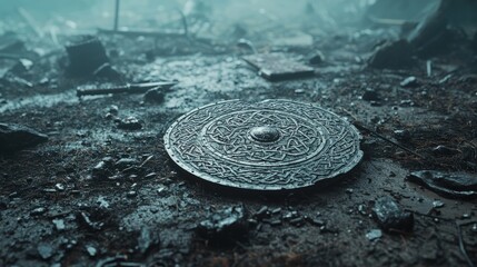 Detailed Viking Shield with Norse Symbols on Battlefield Amid Weapons Remnants