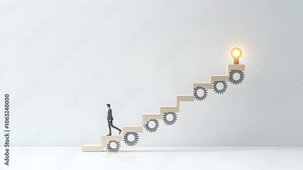 Fototapete A person walking up the steps of gears symbolizing the progression and journey towards finding an illuminating solution for overcoming challenges and achieving success through problem solving