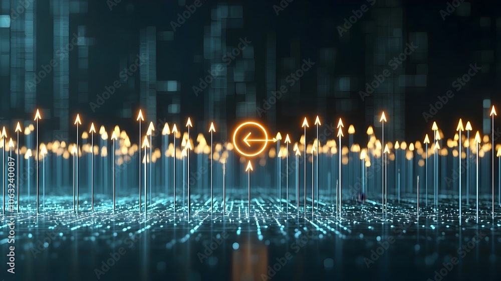Poster Glowing arrows forming a path that converges on a central target symbolizing the focus and determination needed to achieve a desired solution or goal