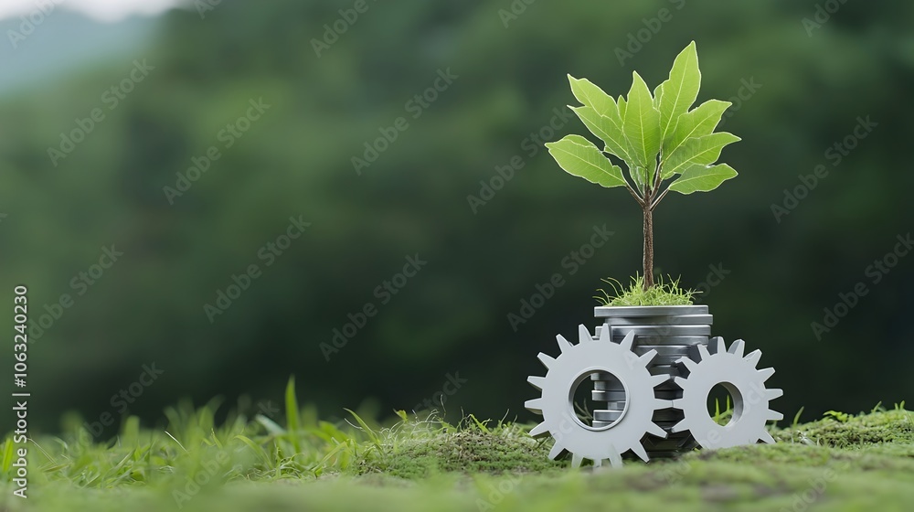 Aufkleber A tree growing out of a stack of gears representing the of nature and technology the blending of organic and mechanical elements and the concept of growth progress