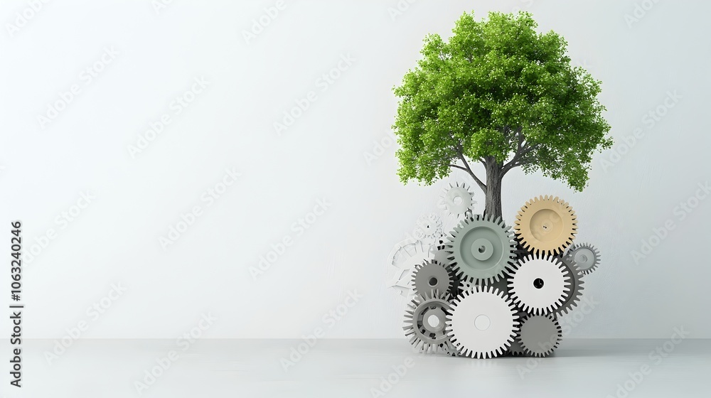 Aufkleber A tree growing out of a stack of gears representing the concept of growth and innovation in the technological and industrial realms
