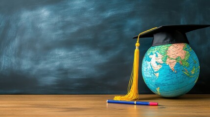 Globe with graduation hat and school accessory on wooden table in front of empty chalkboard with copy space.