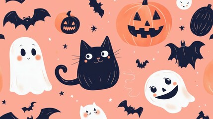 Fototapeta premium Happy Halloween. Vector cute childish naive illustrations of characters, pumpkin, black cat, ghost, pattern, witch, logo for greeting card, poster, flyer or background
